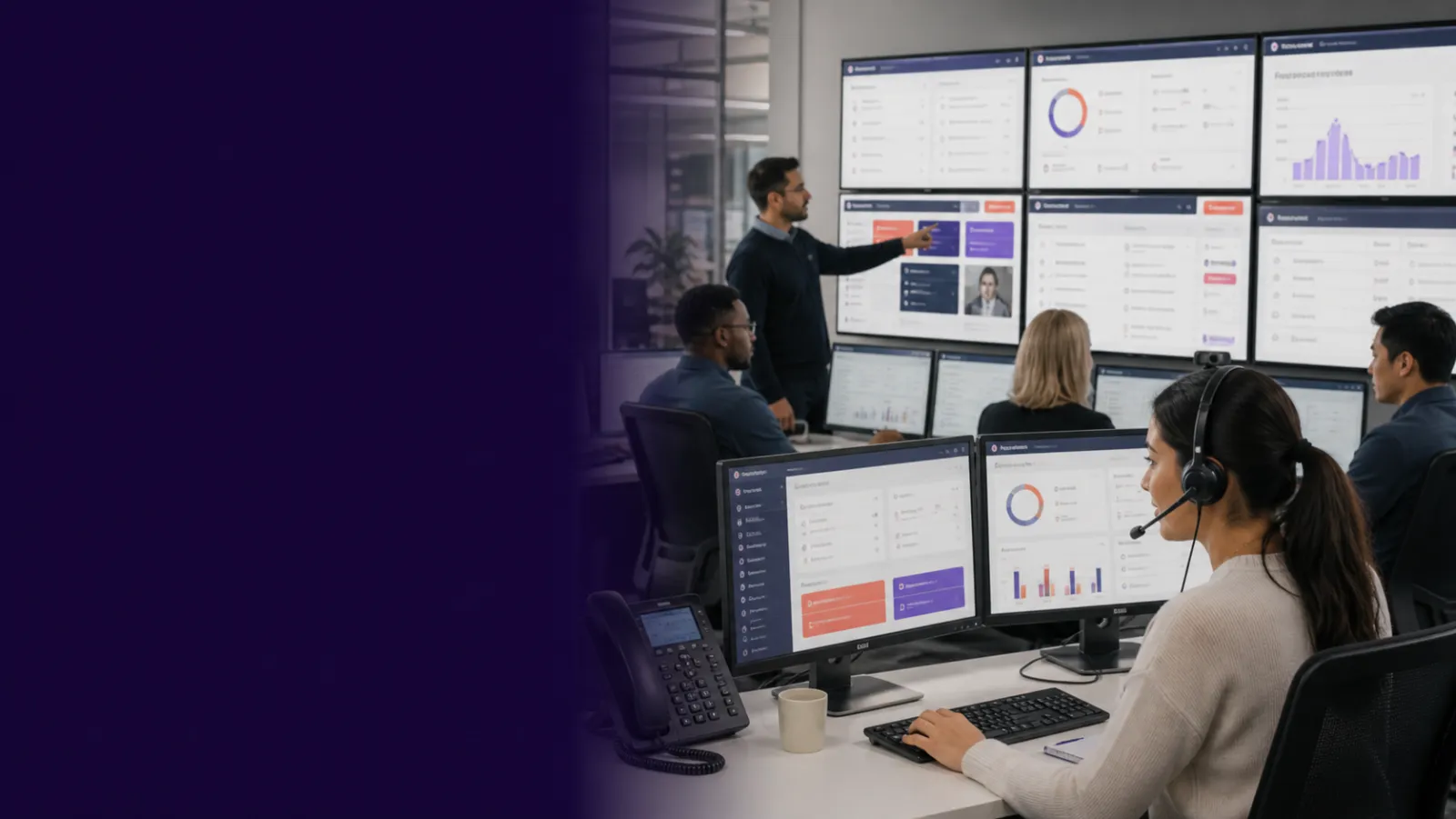 Business team supervising AI voice, chat and workflow automation