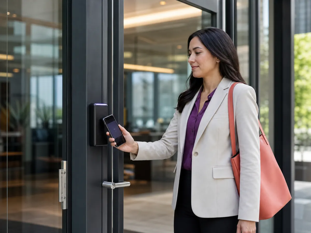 Employee using mobile access control at a Sydney office entrance