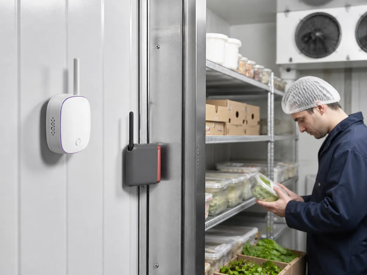 Wireless temperature monitoring sensors installed in a commercial cool room
