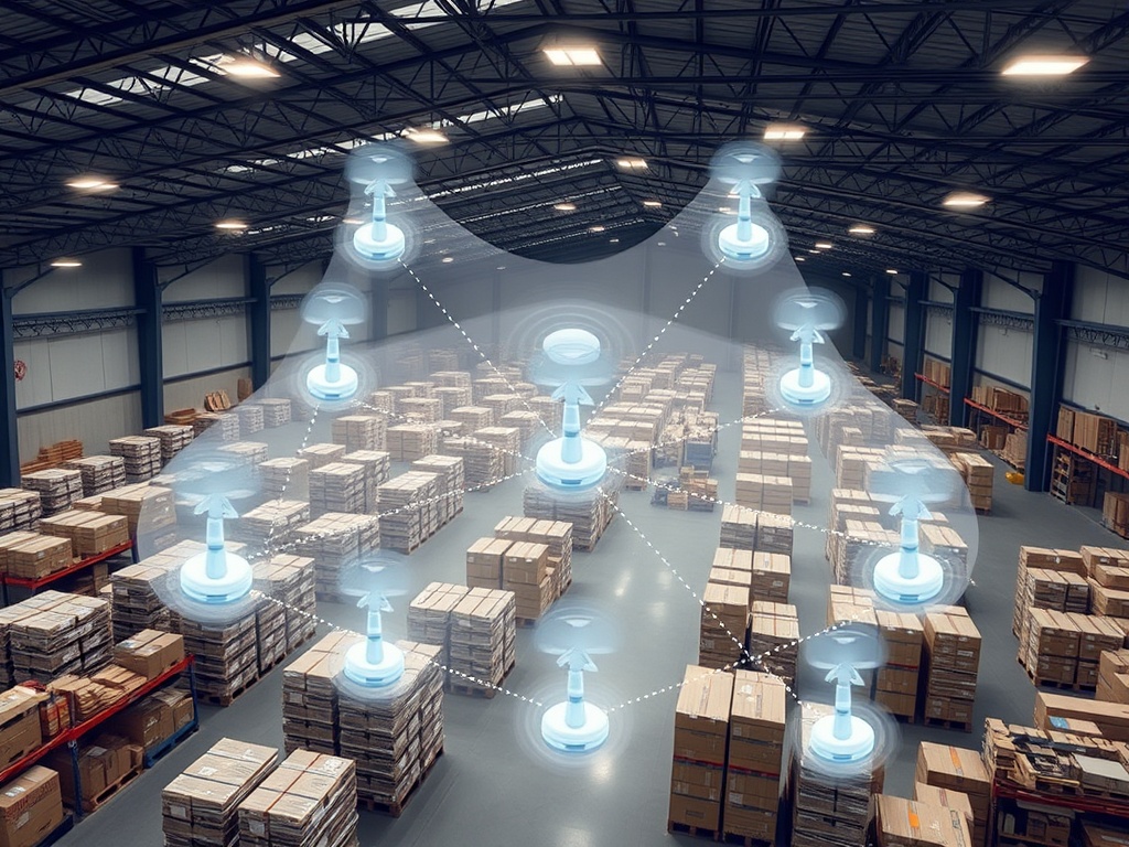 Wireless mesh network deployment visualisation showing multiple access points in warehouse
